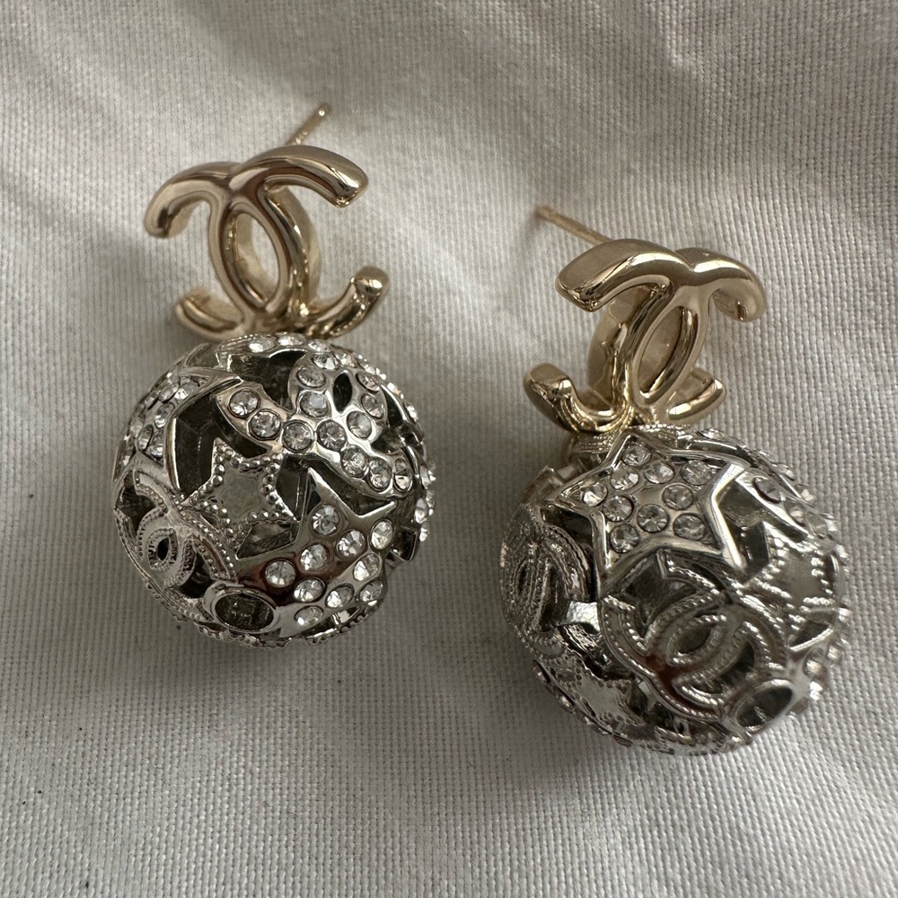 🌟 CHANEL CC Drop Earrings with Silver Crystal-Filled Spheres